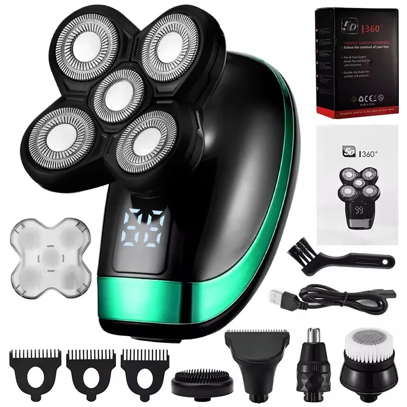 5 In 1 4D Men's Rechargeable Bald Head Electric Shaver 5 Floating Heads Beard Nose Ear Hair Trimmer Razor Clipper Facial Brush image 6