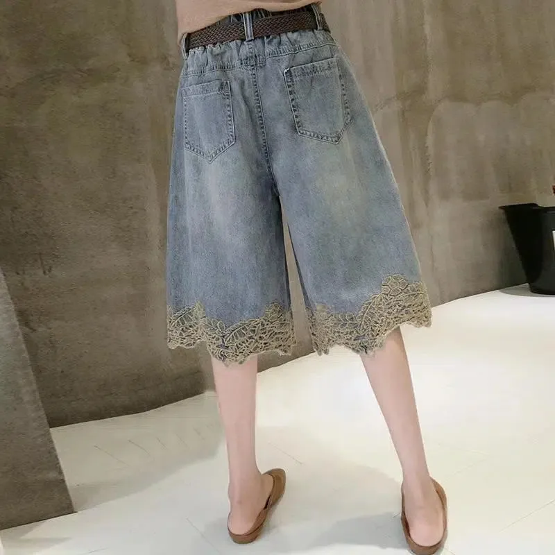 Wide-Leg Jeans Women's Summer High Waist 2023 New Fashion Hem Lace Stitching Cropped Pants Pocket Loose Denim Pants Female