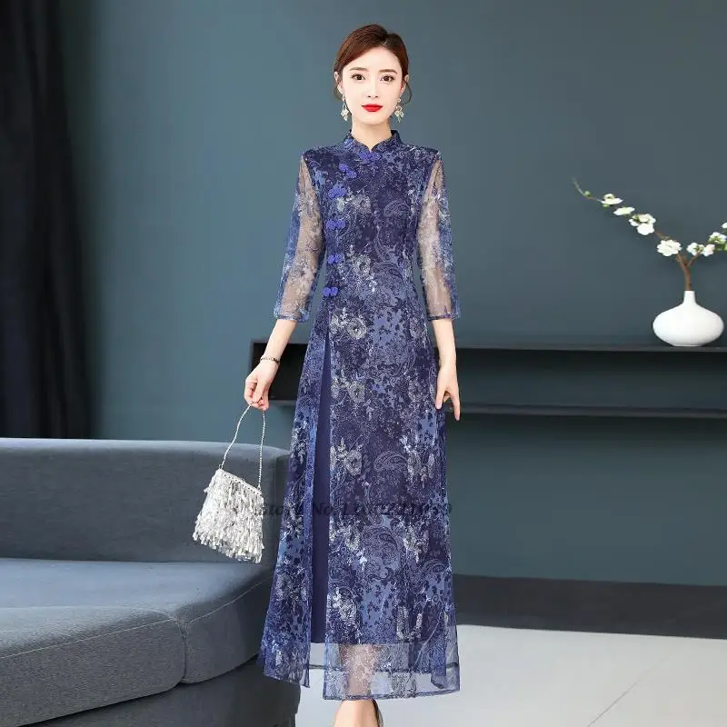 2024 chinese vintage dress improved cheongsam women traditional flower mesh qipao dress oriental banquet evening dress vestido