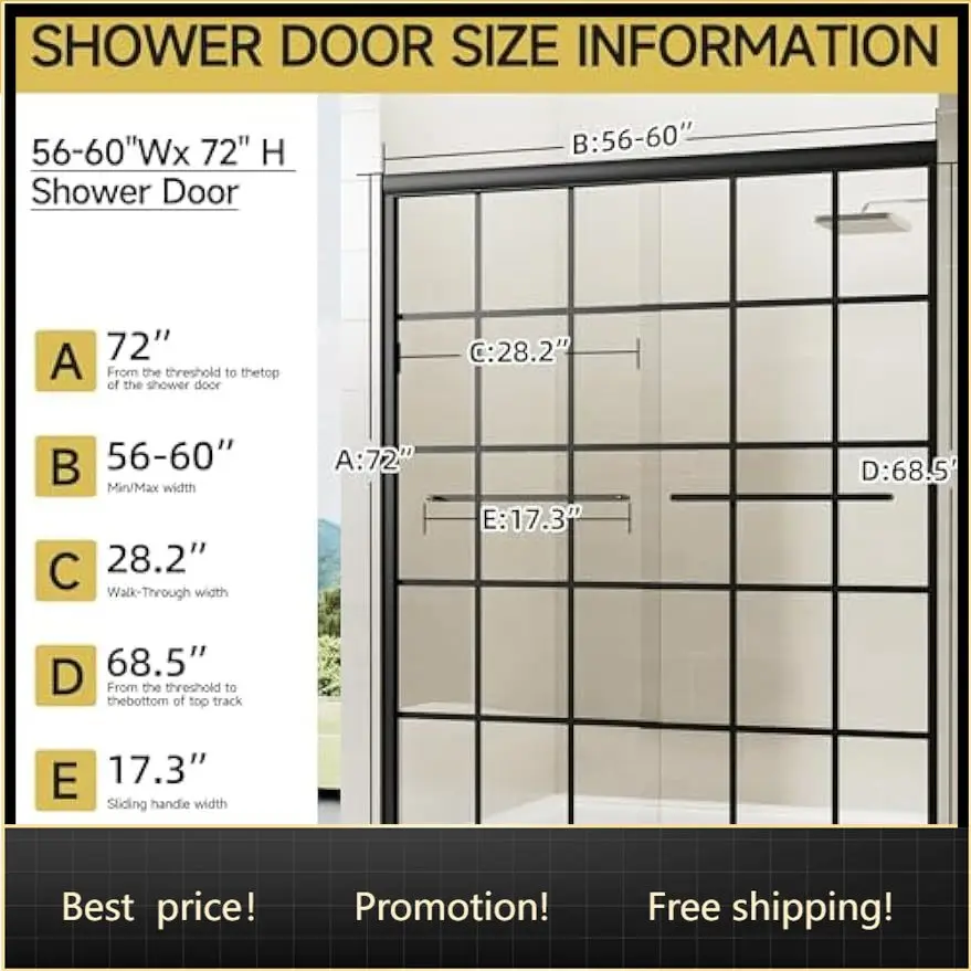 Sliding Grid Shower Door Semi Frameless Aluminum Black Tempered Glass 72 Inch Height