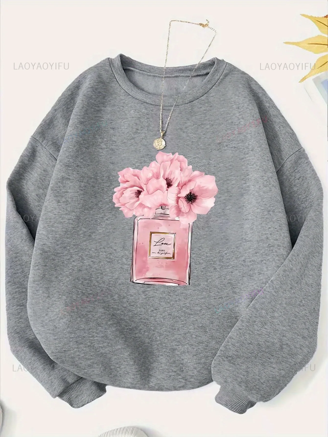 Chic French Perfume Floral Print Y2K-Inspired Women's Sweatshirt Crew Neck Machine Washable Perfect for All Seasons Versatile