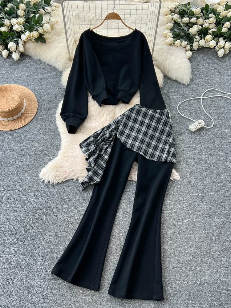 Loose Comfortable Women's Casual Set Autumn Long Sve Sweatirt Plaid Splicing High Waist Flared Pants Faionable Two-Pie...