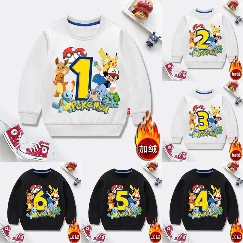 Pokemon Children Crew Neck Sweatshirt Cartoon Pikachu Birthday Numbers Print Pullover Anime Winter Casual Warm Padded Tops Gifts