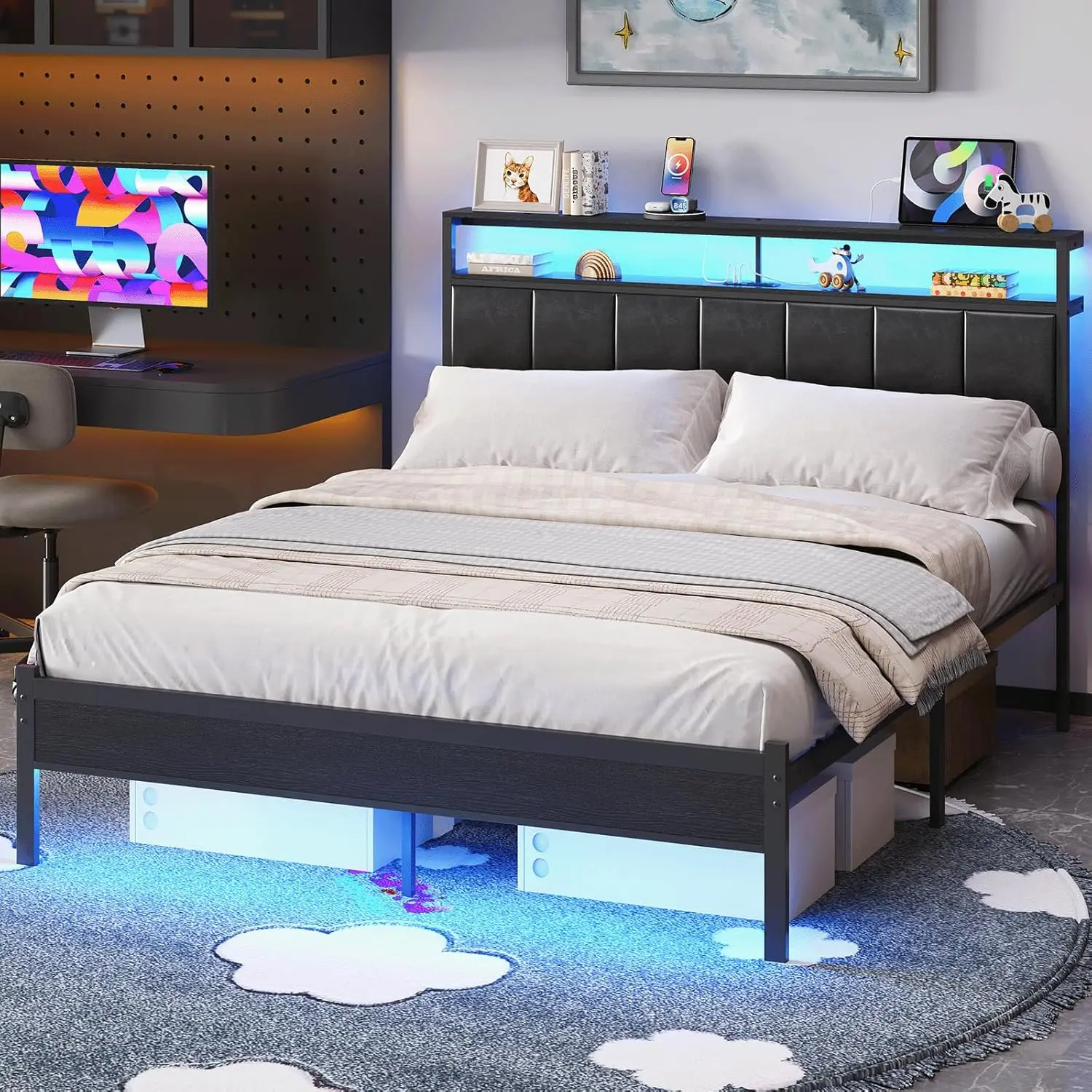 Queen Bed Frames with Charging Station and LED Lights, Black Queen Size Platform Bed with Metal Slats, Upholstered, Customized