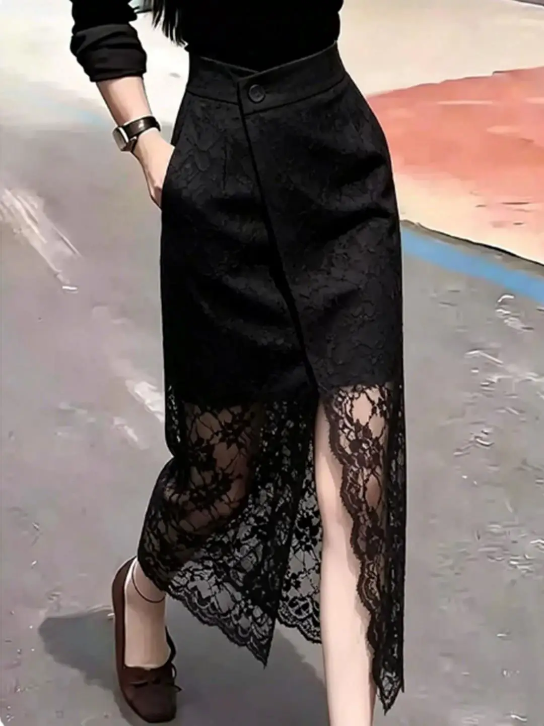 Black High Waist Lace Split Half Skirt Women's Fashion Elegant Summer 2026 New Style A-Line Skirt Breathable Comfortable