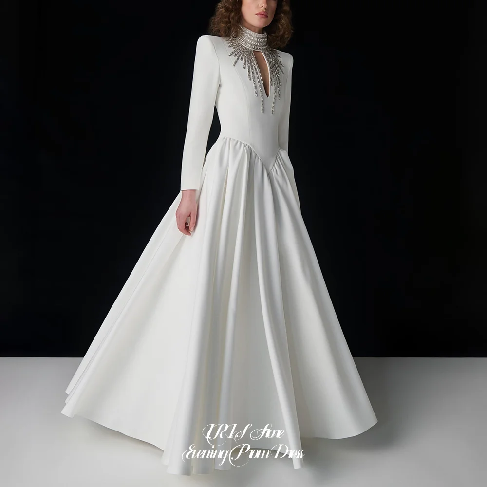 Luxury A‑Line Wedding Evening Dresses for Women Long Sleeve High Neck Keyhole Crystal Beaded Evening Bridal Party 2026
