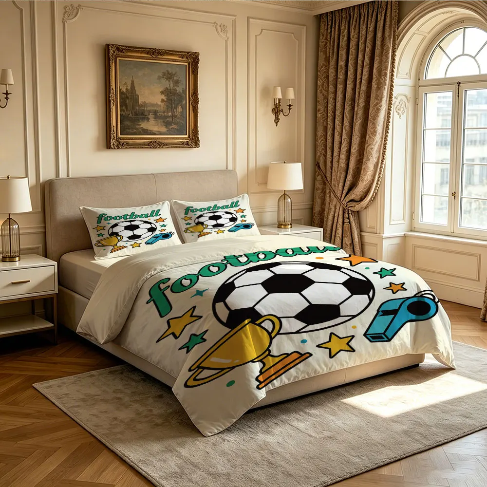 3pcs Football Sports Printed Chipless Summer Duvet Set, Multi Size Bedroom Dormitory Cool Bedding Decoration, Machine Washable