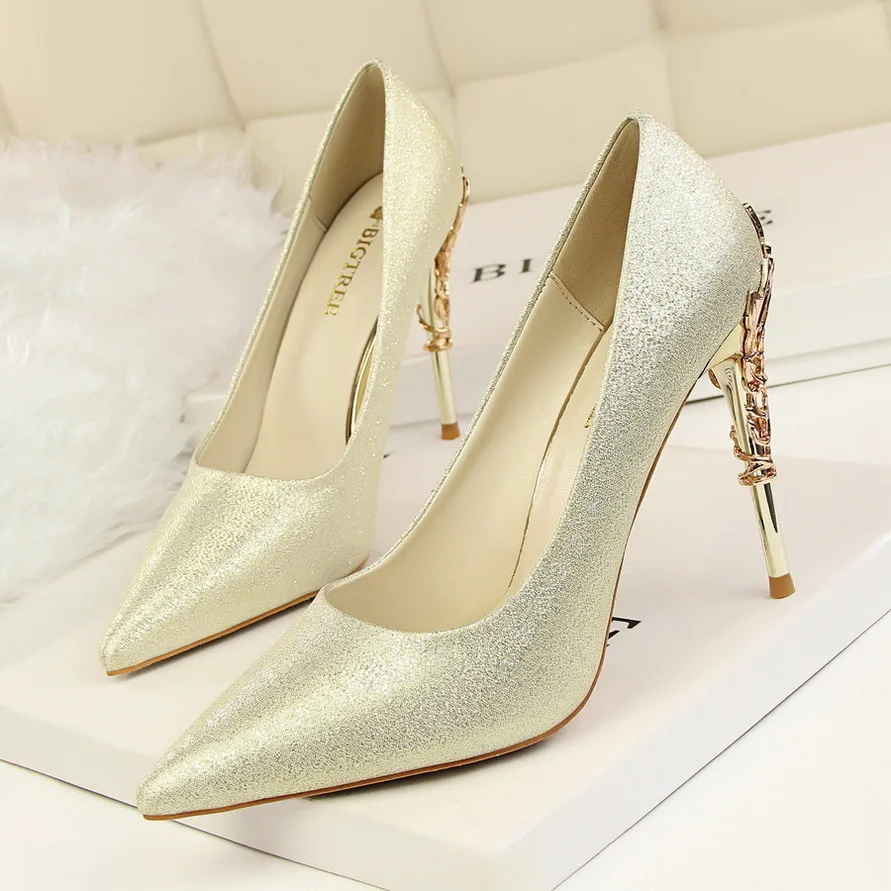 

Fashion Korean Sexy Metal Women's Thin High Heel Shallow Mouth Pointed Silk Slim Women Single Wedding Shoes Pumps туфли женские