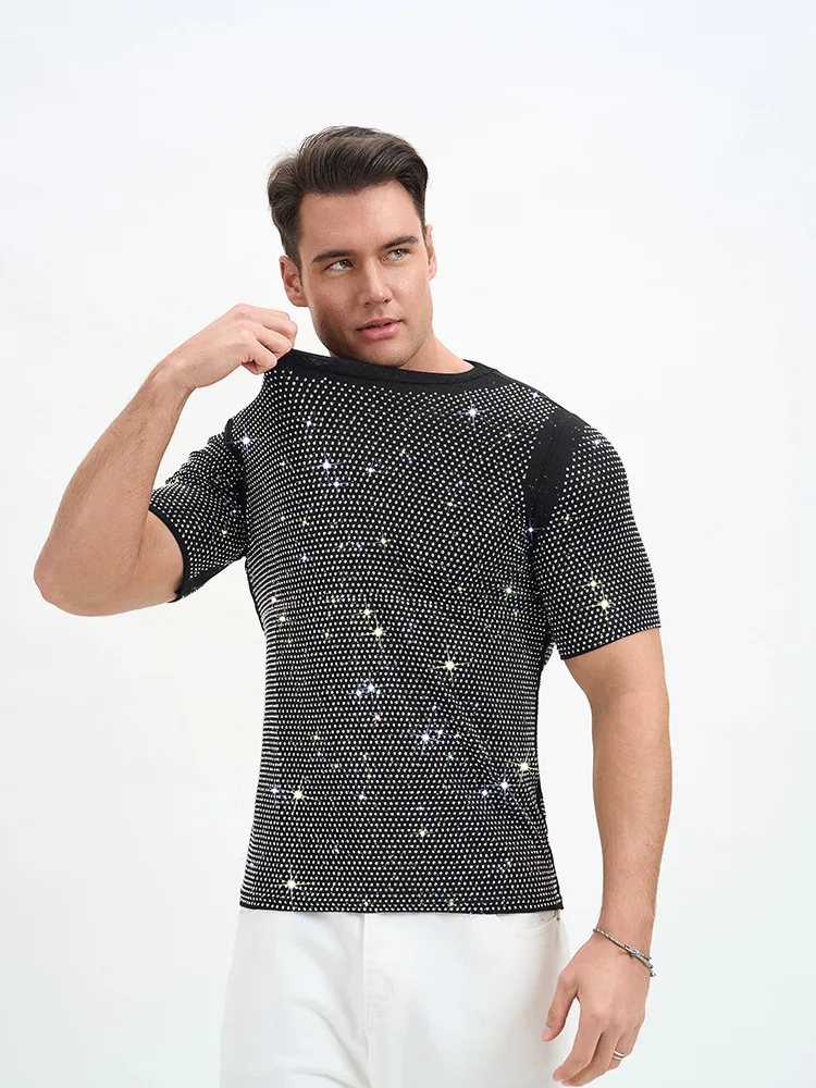 Men's Party Full Rhinestone T-shirt Spring/Summer New Style European and American Fashionable Breathable Double layer Shiny Tees