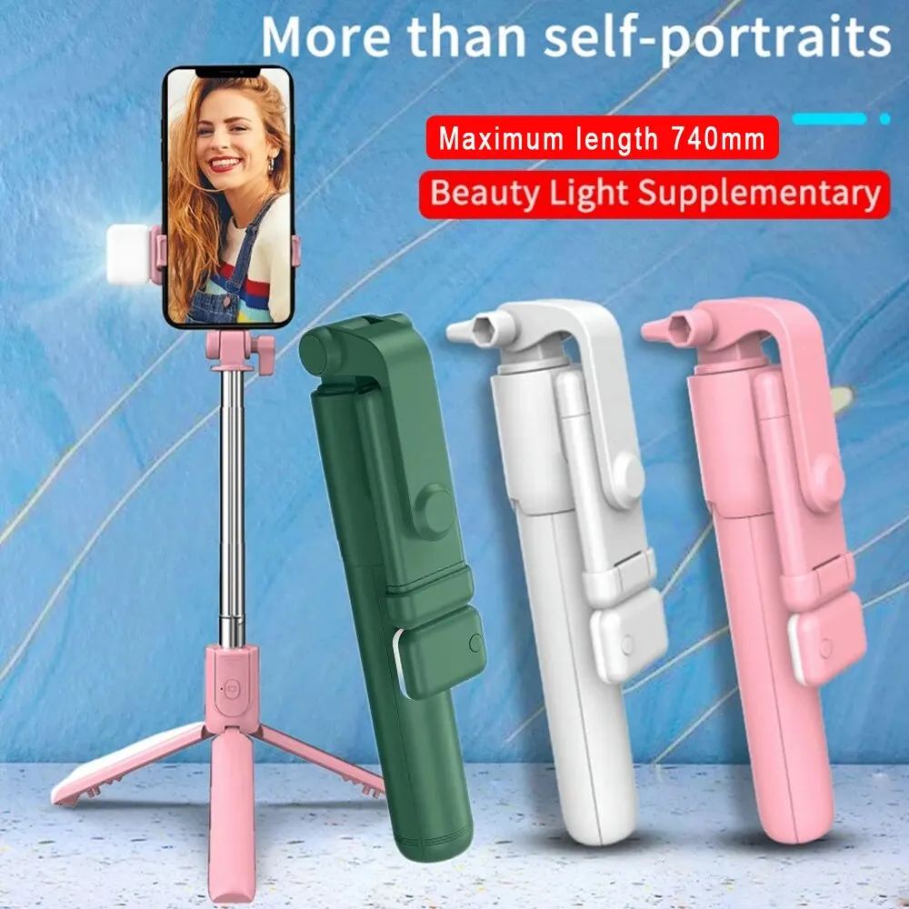 Trépied perche à selfie pour téléphone portable, télécommande Bluetooth sans fil, support de téléphone avec lumière de remplissage de beauté