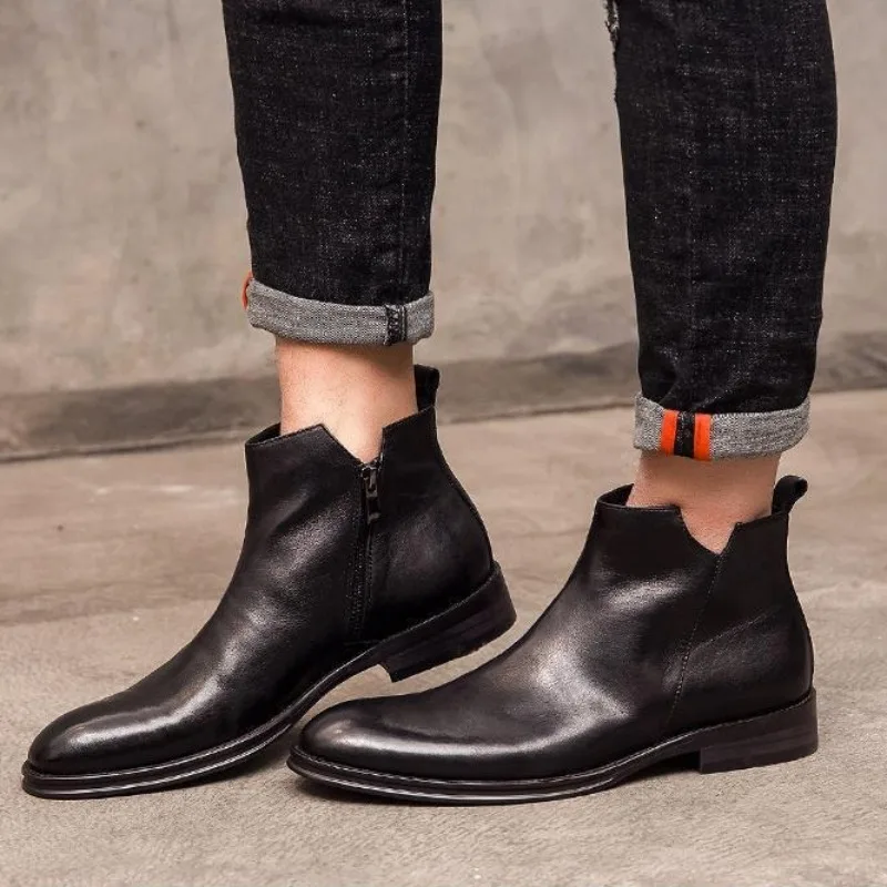 

Men's Genuine Leather Chelsea Boots British Style Ankle Boots Retro Soft Bottom Casual Shoes High Quality Side Zipper Boots Men