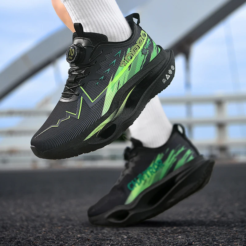 Herren-Freizeitsportschuhe mit Drehverschluss, professionelle Laufschuhe mit Carbonplatte, Unisex-Laufschuhe mit farbverlaufendem, atmungsaktivem Mesh-Material, hohe Rückfederung, stoßdämpfend, verhindert Verdrehungen, rutschfest, abriebfest, für Langstreckenläufe, Training, Fitness, Freizeitsportschuhe. – Detail 7