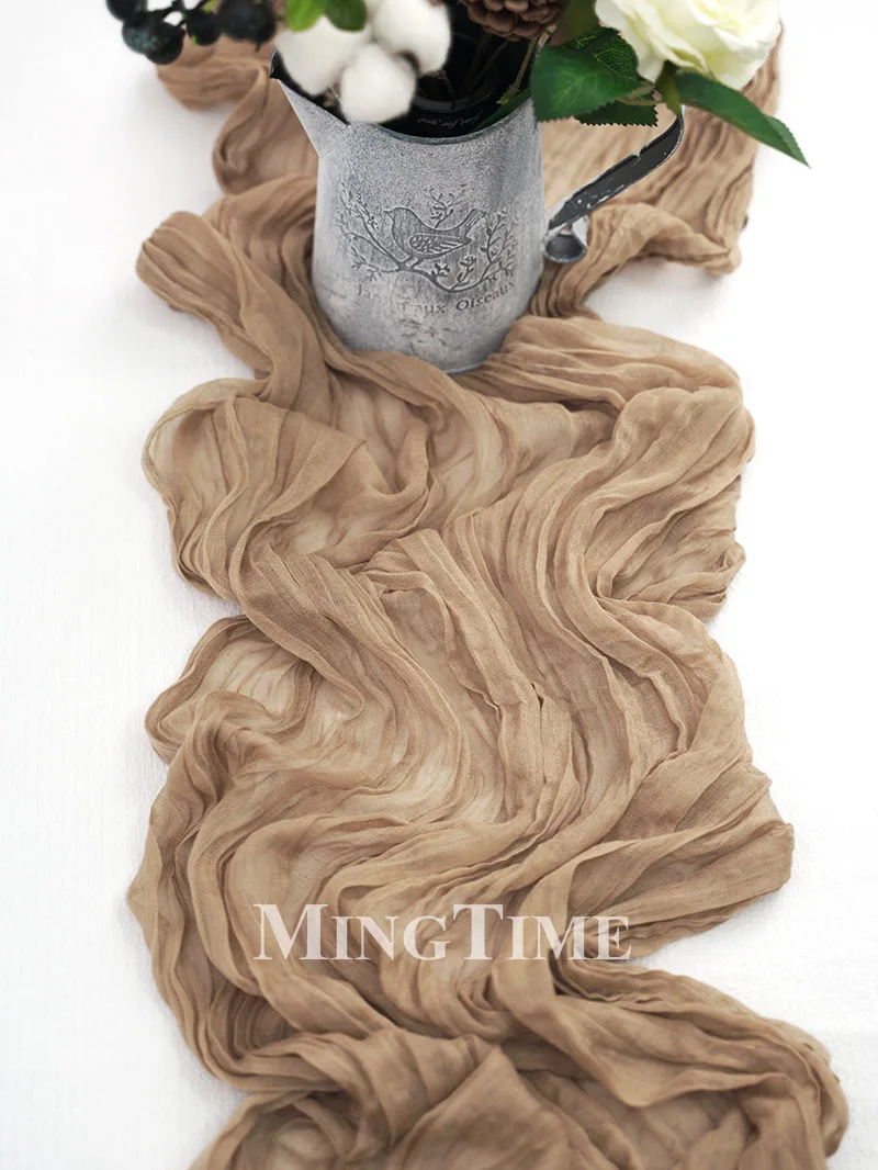Pleated Table Runner Semi-Sheer Gauze Light Brown Khaki Cheesecloth Retro Vintage Wedding Party Christmas Decoration