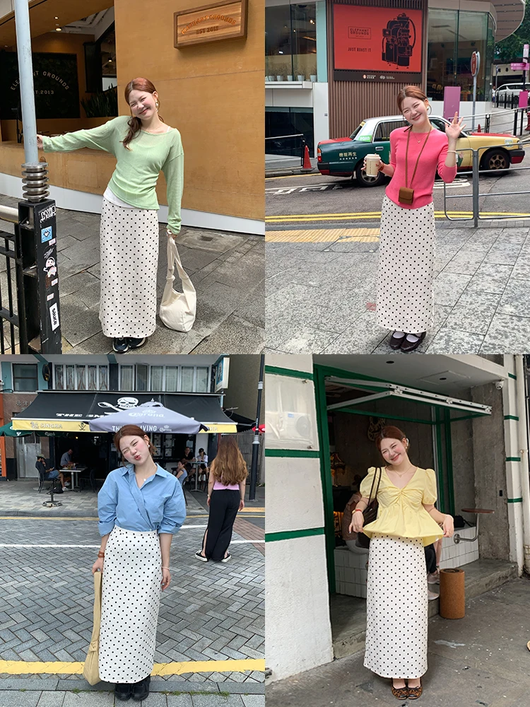 Polka Dot Halter Neck  Dress Women's Slim Fit A-Line Skirt Korean Style Summer Long Skirt Versatile Ladies Midi Skirt