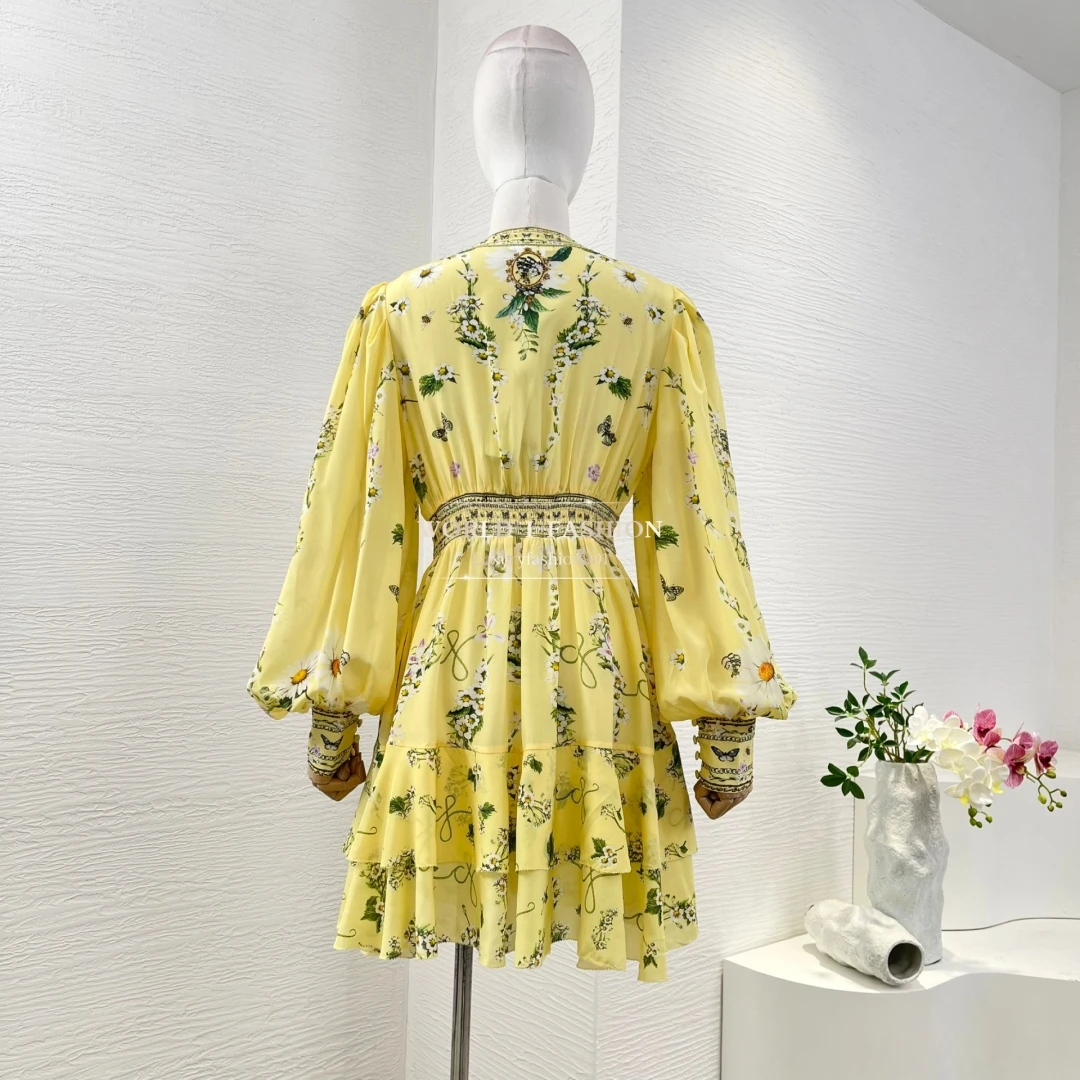 

Yellow Floral Print Long Sleeve V Neck Lantern Sleeve Mini Dress 2025 New Arrivals