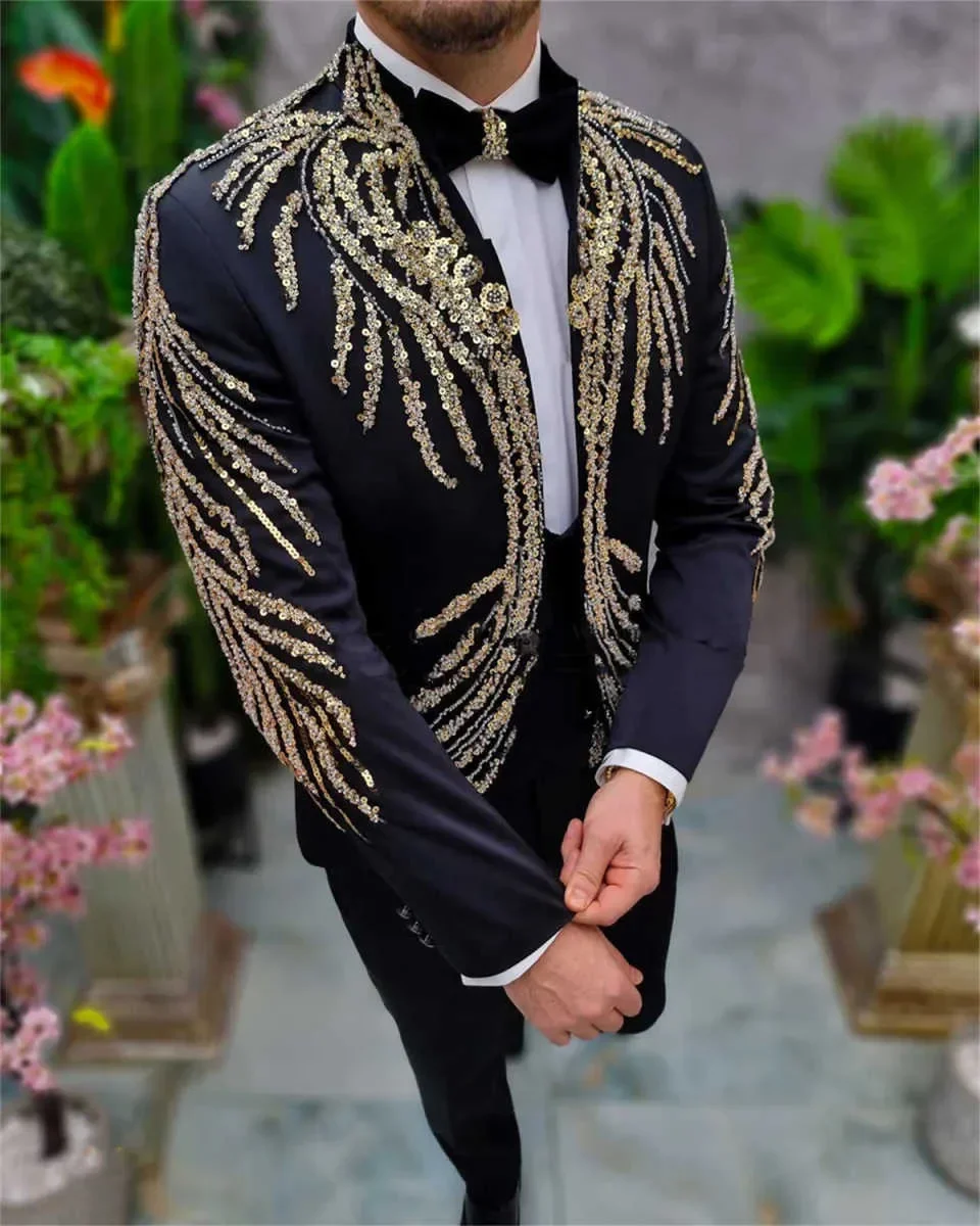 Sparkly Sequins Wedding Tuxedos 2 Piece Set Jacket Pants One Button Men Suit Trim Fit Groom Wear Evening Suits Customized