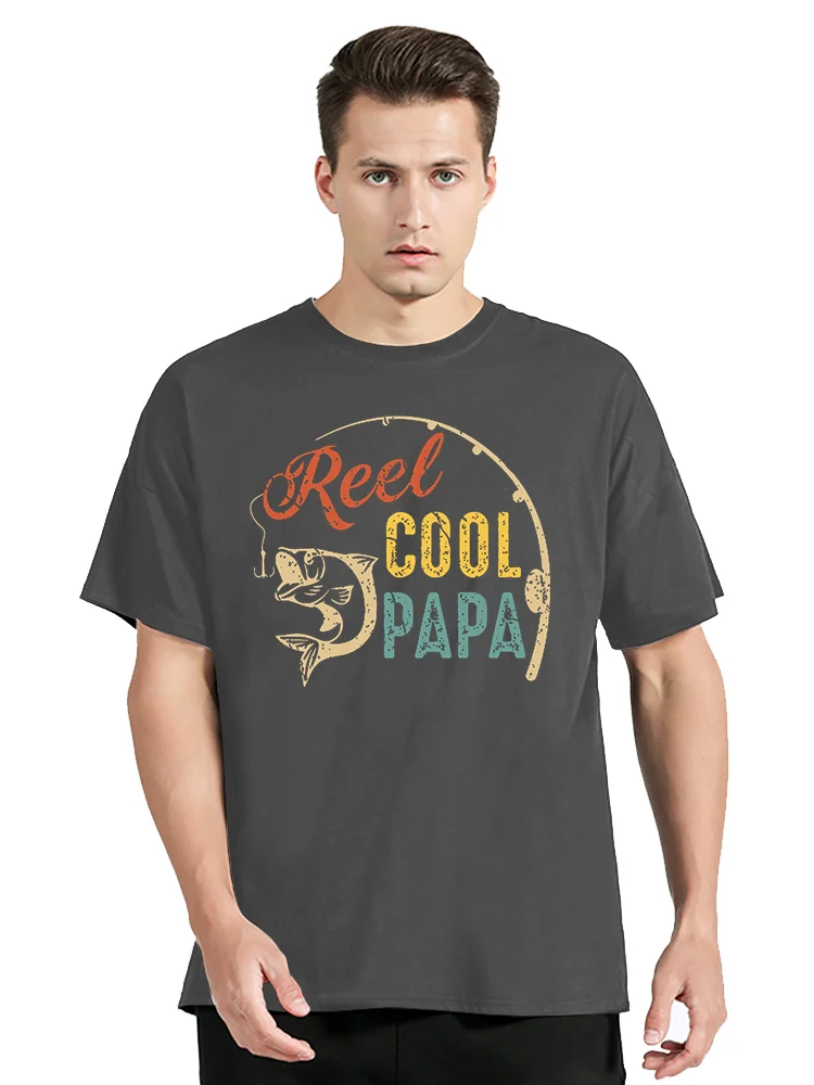 Men's Clothing Casual Tshirt Reel Cool Papa Tshirt Summer Fishing Rod And Fish Pattern Round O-neck T Shirt Fashion Cotton Tops