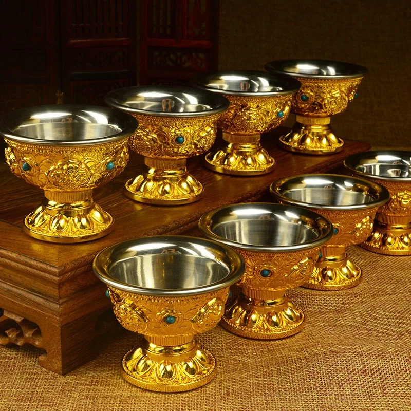 Nepali‑Style Craft Gold‑Plated Copper Eight‑Auspicious Offering Cup Home Ritual Water Bowl Metal Decor Ornament