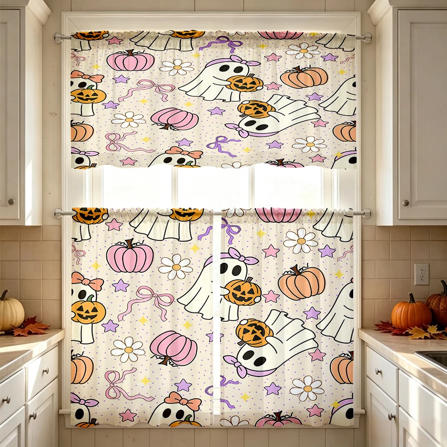 Halloween Fall Kitchen Curtains, Bow Ghost Pumpkin Daisy, Digital Print, Kitchen Dining Room, Rod Pocket Polyester, Home Decor