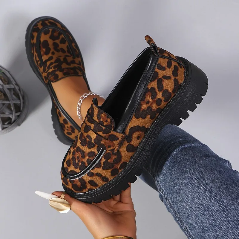 

Women Chunky Heels Leopard Loafers New Fashion British Style Slip on Platform Shoes Woman Thick Bottom Shallow Single Shoe Pumps