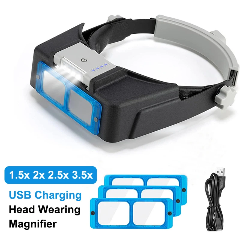 USB Charging Professional Head Wearing Magnifier 1.5x 2x 2.5x 3.5x Eye Loupe 4 Lens Lighted Magnifier For Watch Jeweler Repair