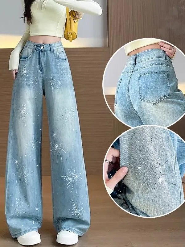 High-End Sequin Floral Wide-Leg Denim Jeans Women's Loose Straight Cut Floor-Length Light Blue Spring Autumn New Style