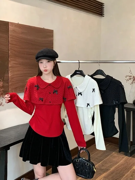 

plus Size Women's Sweater with awl Slimming Effect Doll Collar Fake Two-Piece Top Korean Sle Winter Faion Trend