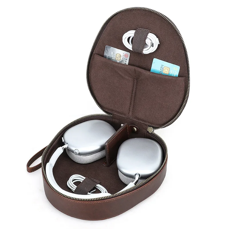 Vintage Crazy Horse Leather Headphone Case Protective Carrying Bags with Cable & Card Pockets for Over-Ear Headphones