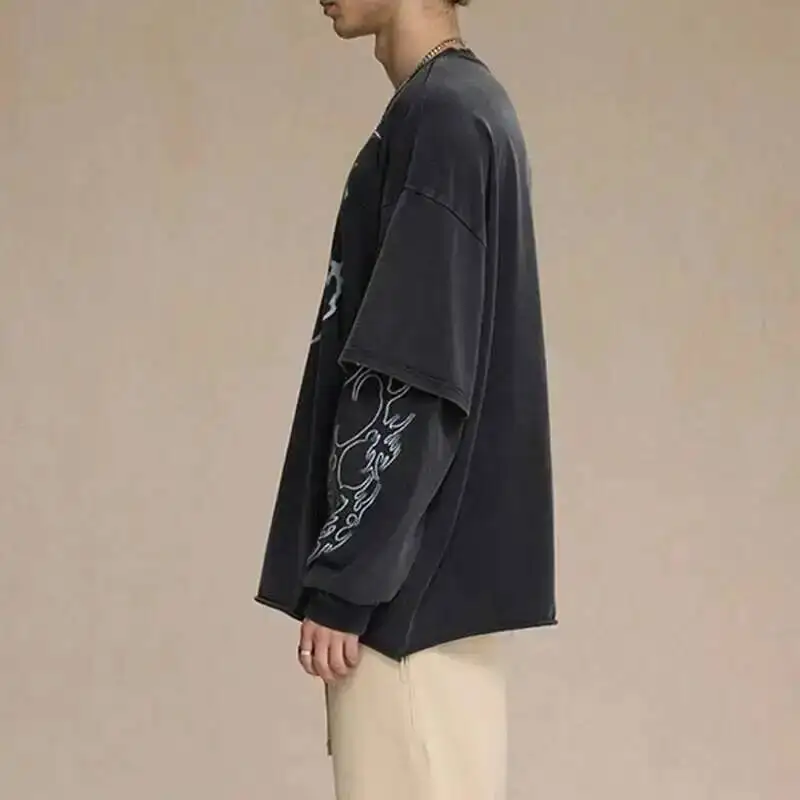 2025 Spring New American Vintage Fake Two Piece Printting Long Sleeve T-shirts Men's High Street Loose Causal Pullov ZDDE