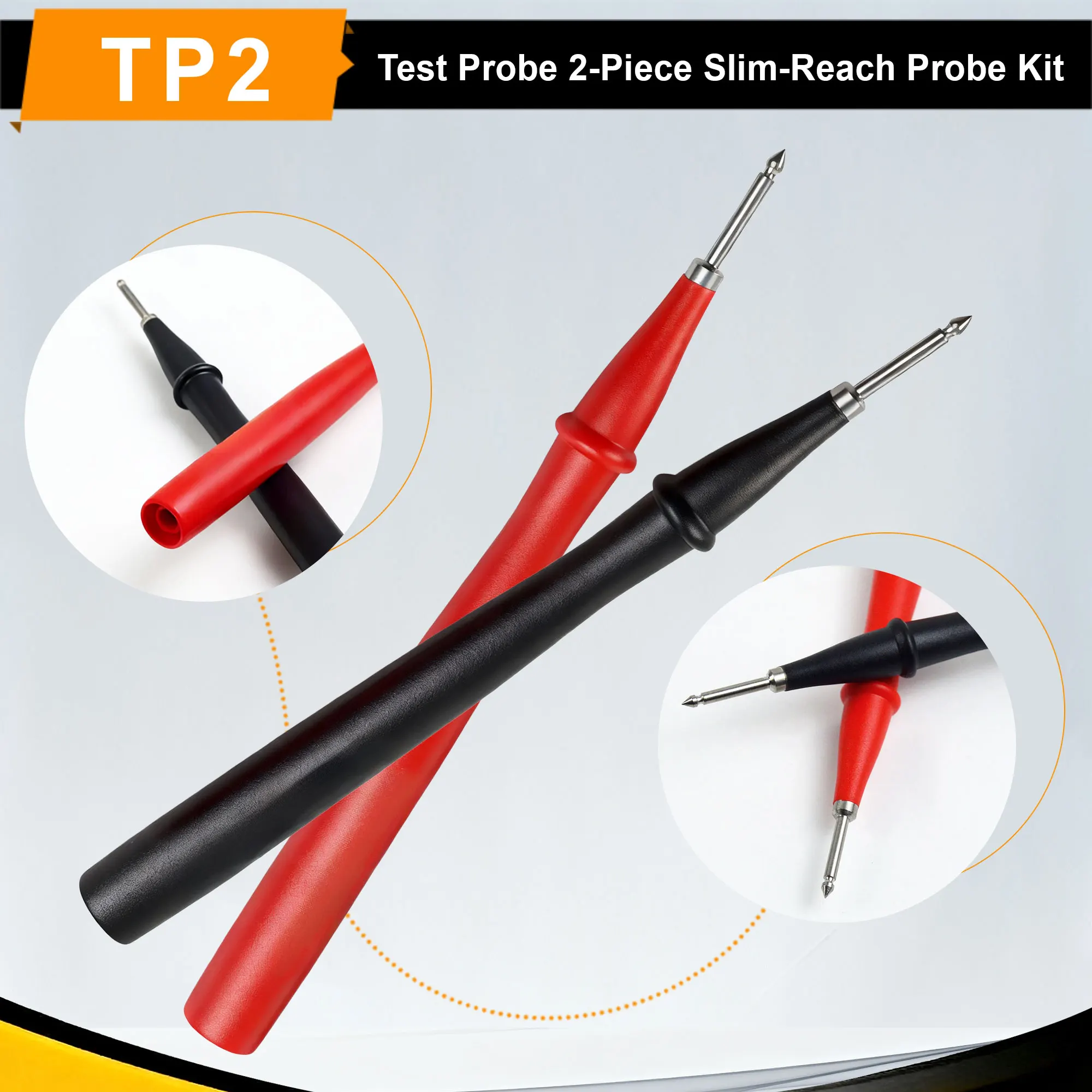 ZIBOO 2 Piece Slim Reach Test Probe Set with Stainless Steel Tip, 1000V Voltage, 10A Current, 2mm Tip Diameter. TP2