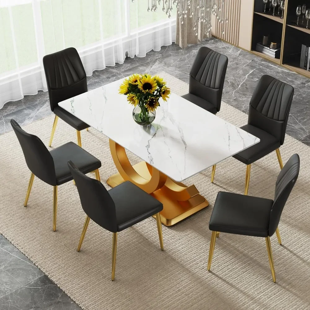 63" dining table set for 6 people, 7-piece dining table set, faux marble dining table top, gold base, 6 dining chairs