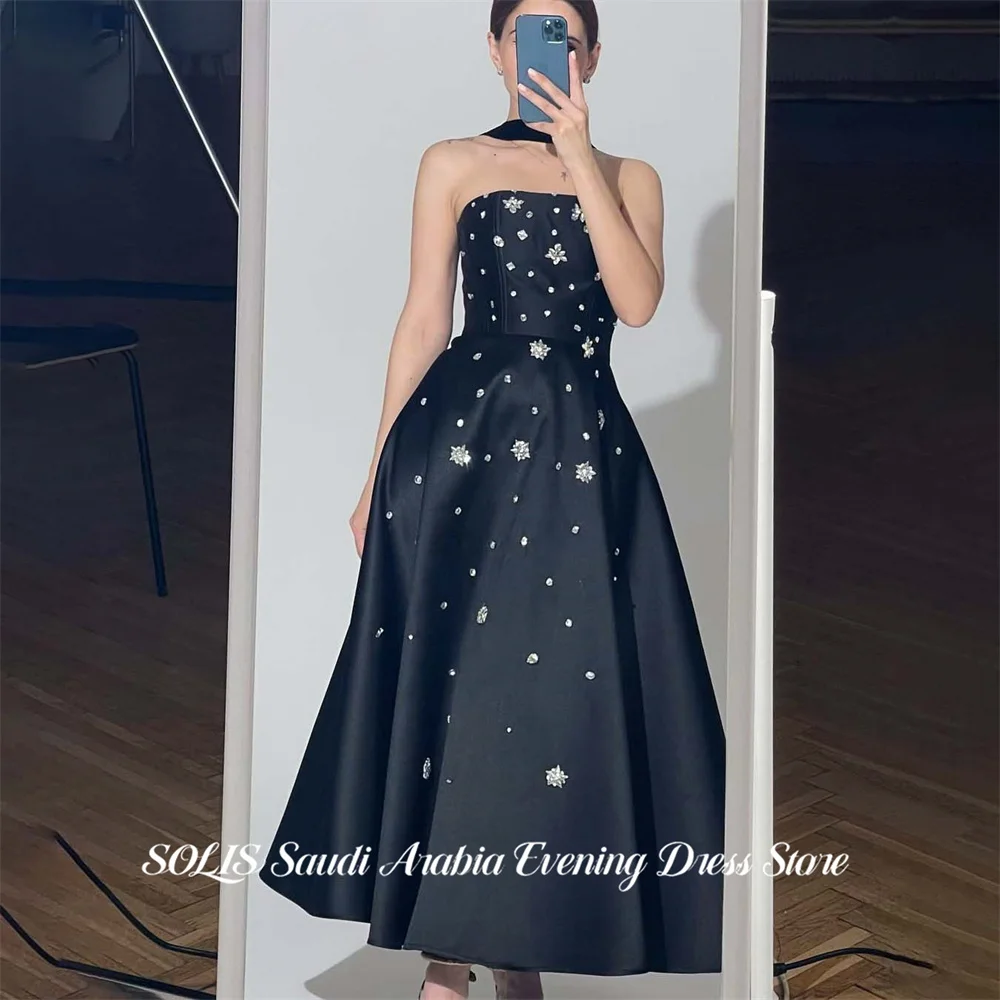 

SOLIS Black Party Dress Strapless Sleeveless Evening Dress A Line فساتين السهرة for Wedding with Crystal Customized