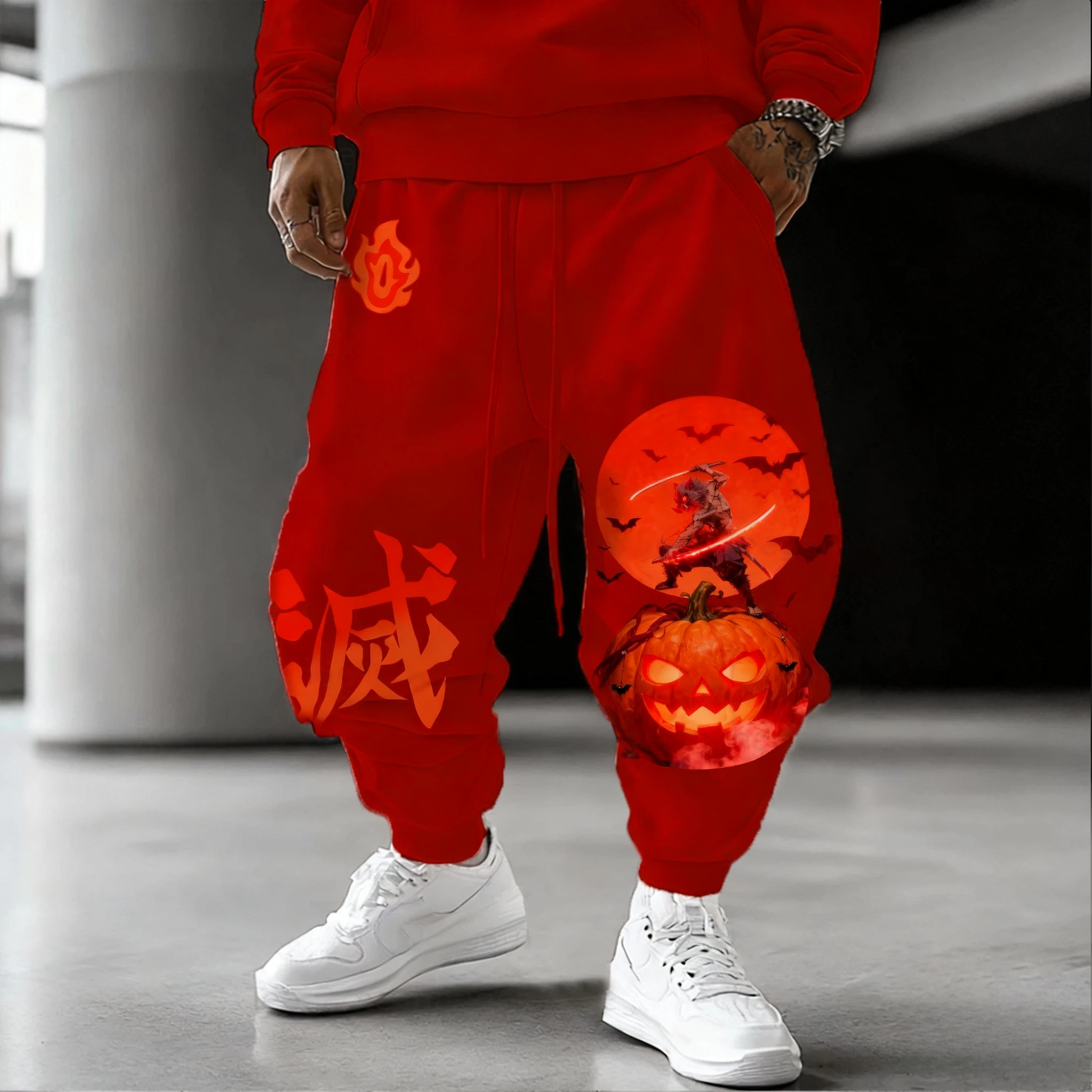 귀멸의 칼날 할로윈 콜라보 스웨트팬츠 남성용 가을/겨울 신상 애니메이션 호박 프린트 아메리칸 힙합 루즈 캐주얼 팬츠