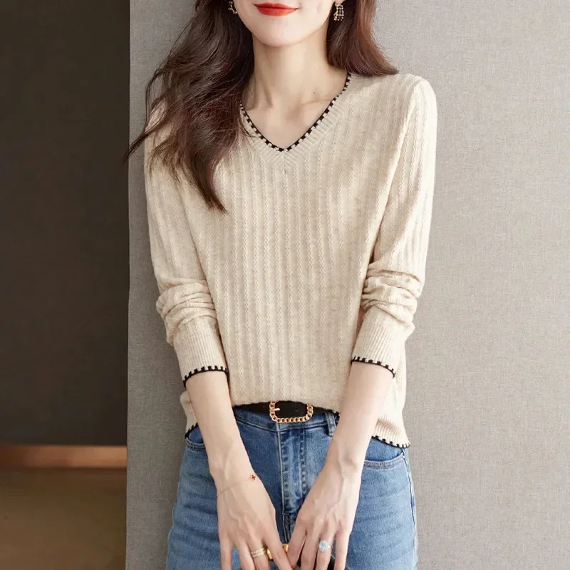 2024 Autumn V Neck Women Sweater Knitted Pullover Jumper Chic Soft Korean Slim Long Sleeve Top Female Basic Coats