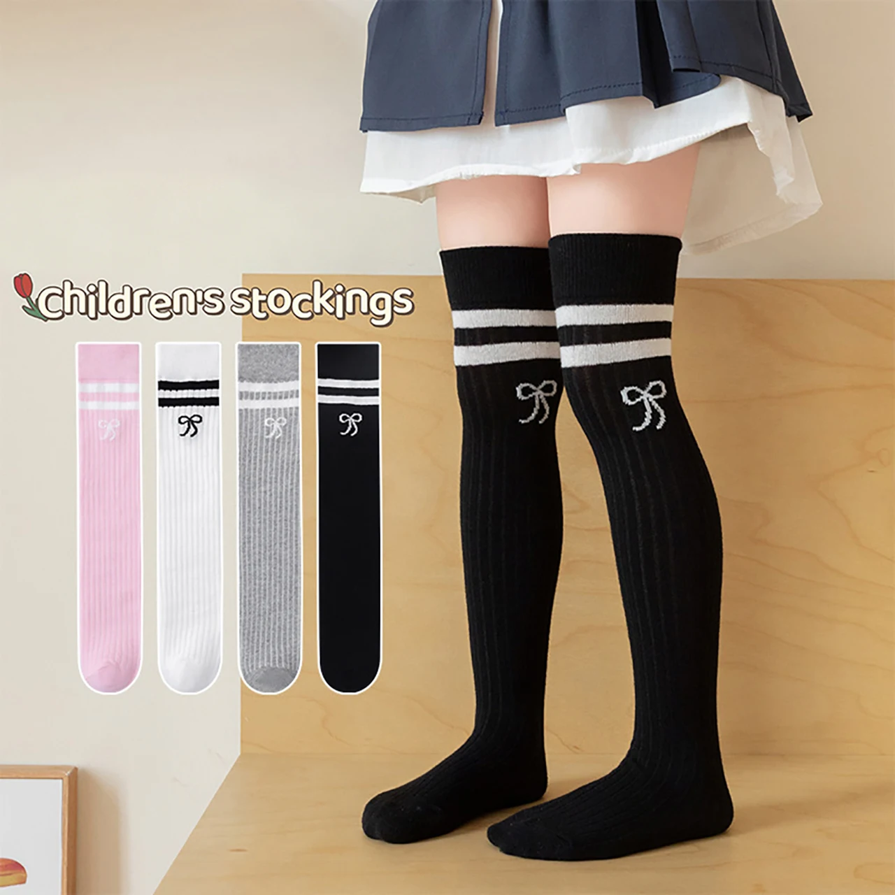Fashion Stripe Knee High Socks for Children Bow Thigh-high Sock Academic-style Long Stocking Spring Autumn Kids Cotton Sock 42cm