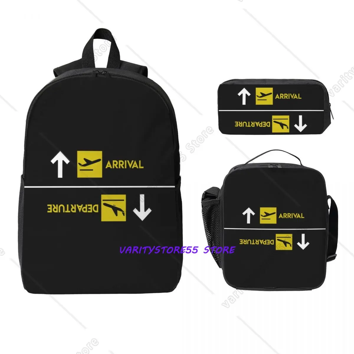 Aviation Departures Arrivals Backpack Student BookBag School Bag Computer Shoulder Bags 3ps Insulated Lunch Bag Pencil Case