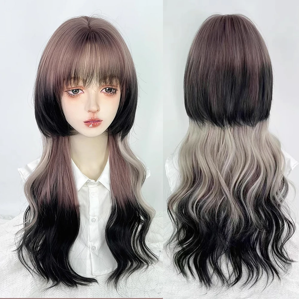 

Long Wavy Synthetic Jellyfish Head Pink Ombre Black Wigs with Bangs Lolita Cosplay Fluffy Women Wig for Daily Party