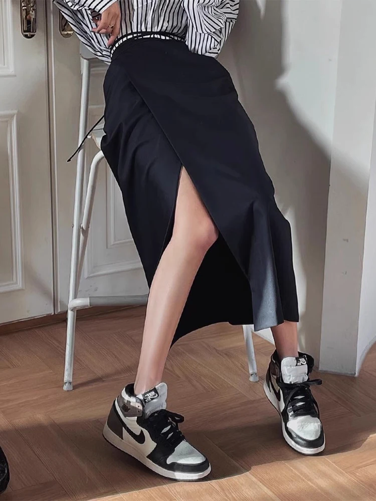 

Spring New Chic High Waist Draped A-Line Skirt Women's Bodycon Asymmetrical Slit Busin Casual Korean Sle Polyester