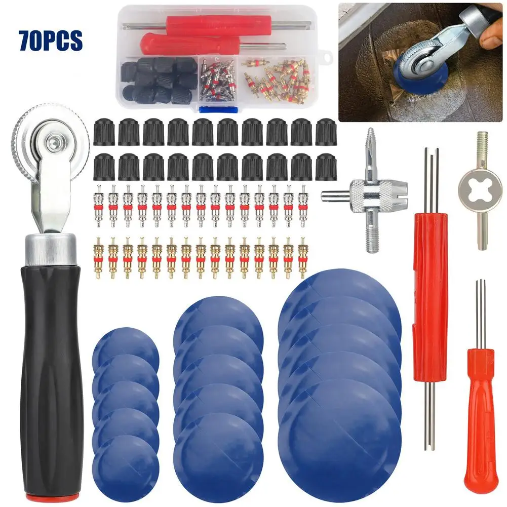 

70Pcs Tire Patch Roller Tool Kit 32mmm/42mm/58mm Patches Tire Valve Stem Cores Caps Dual Head Valve Core Remover Drop Shipping