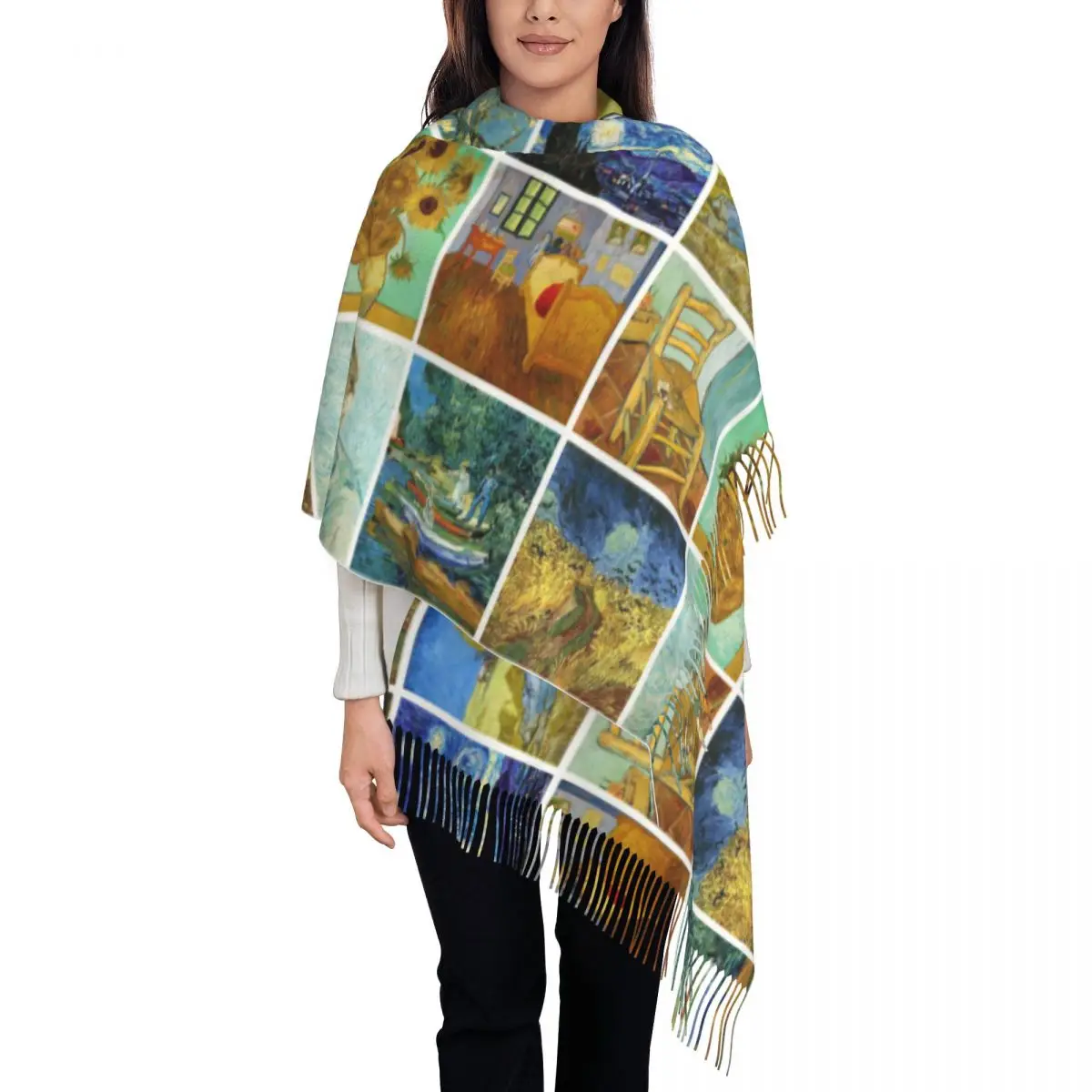 

Van Gogh Works Scarf Men Women Customized Print Headwear Scarves with Long Tassel Winter Popular Shawl Wraps Warm Soft Bufanda