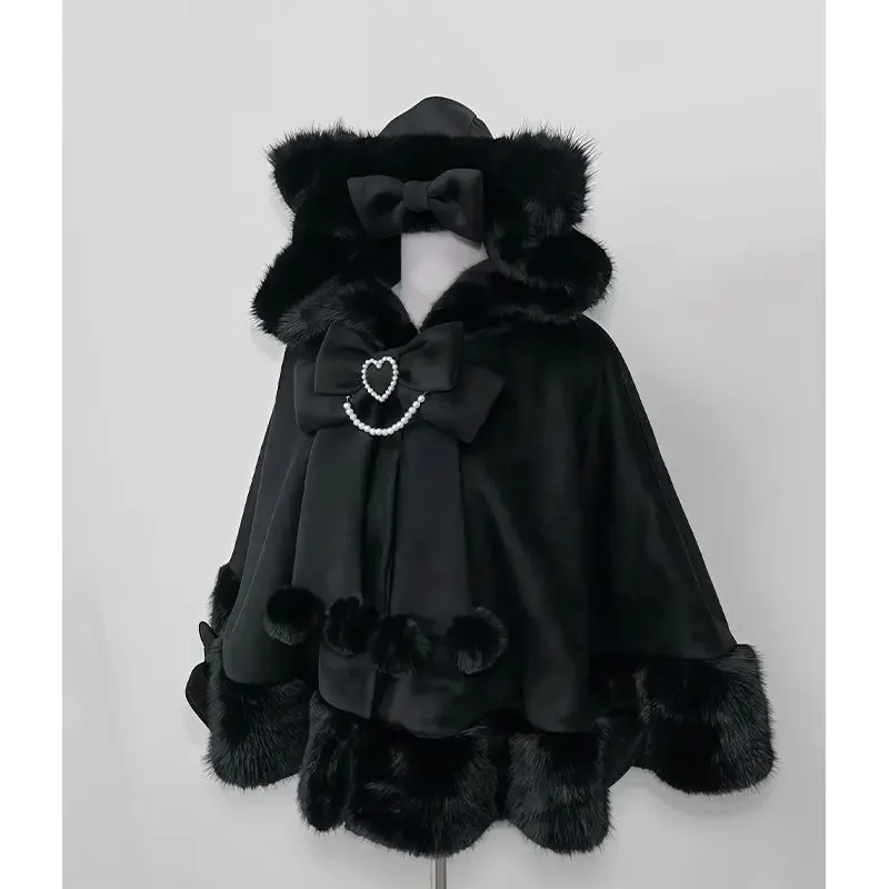 Design Bow Hooded Patchwork Kawaii Cope Coat Harajuku Warm Sweet Fur Collar Coat Winter New Japanese Lolita Cloak Overcoat Women