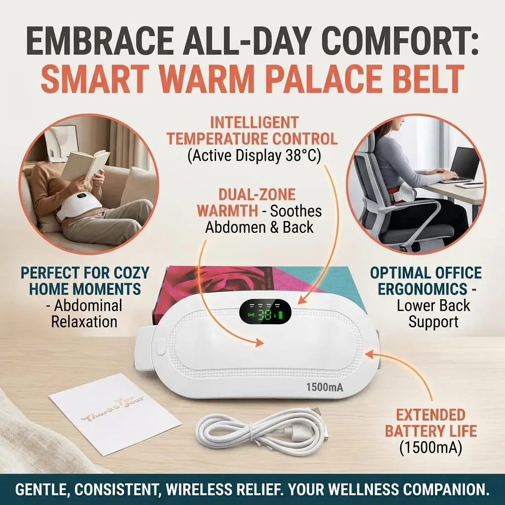 Cordless Heating Waist Belt Graphene Fast Heat 4 Vibration Level 3 Temp Setting LED Display Velvet Fabric Type‑C Rechargeable
