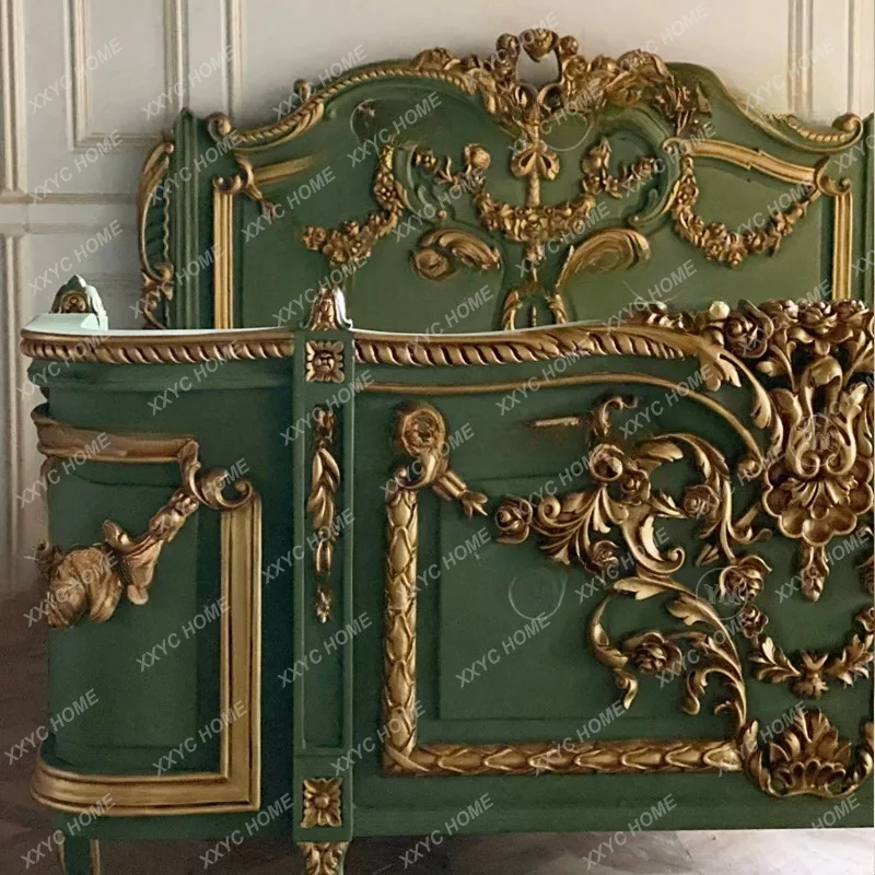 Wizard of Oz Vintage Neoclassical Solid Wood Dark Green Carved Double Bed  Country Wedding