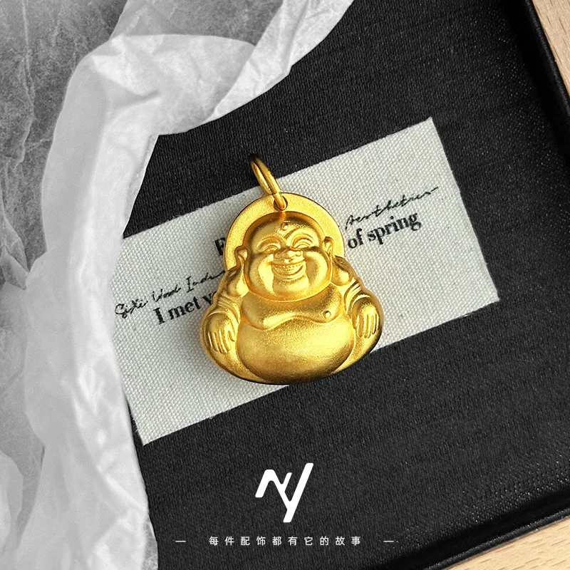 

24K Real Gold Maitreya Buddha Pendant 9999 Men Women's Ancient Method Loach Back Fu Character Big Belly Rope Weaving Necklace