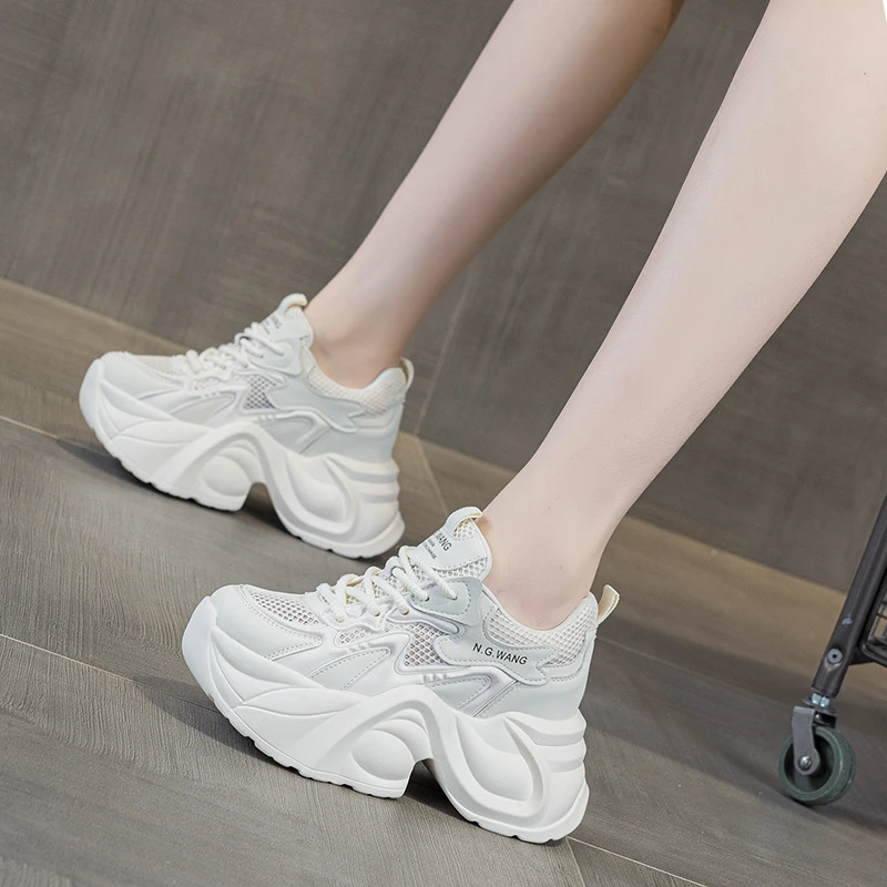 WomenS White Mesh Platform Sneakers Casual Lace Up Thick Bottom Sport Shoes Comfortable Breathable Elevator Footwear For Ladies