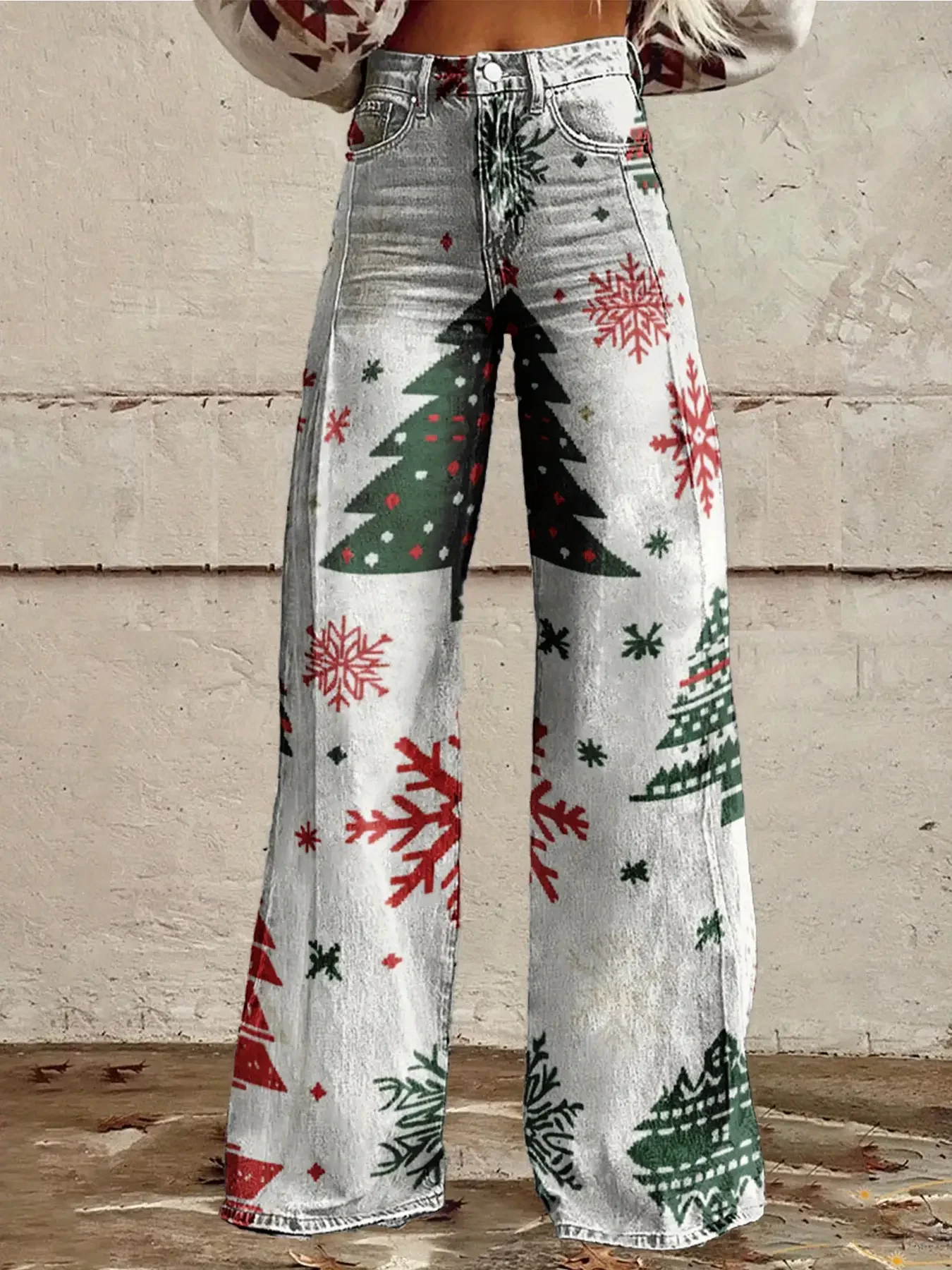Ladies' new Christmas printed jeans made of imitation denim fabric, Slimming pants are suitable for pairing with denim jackets