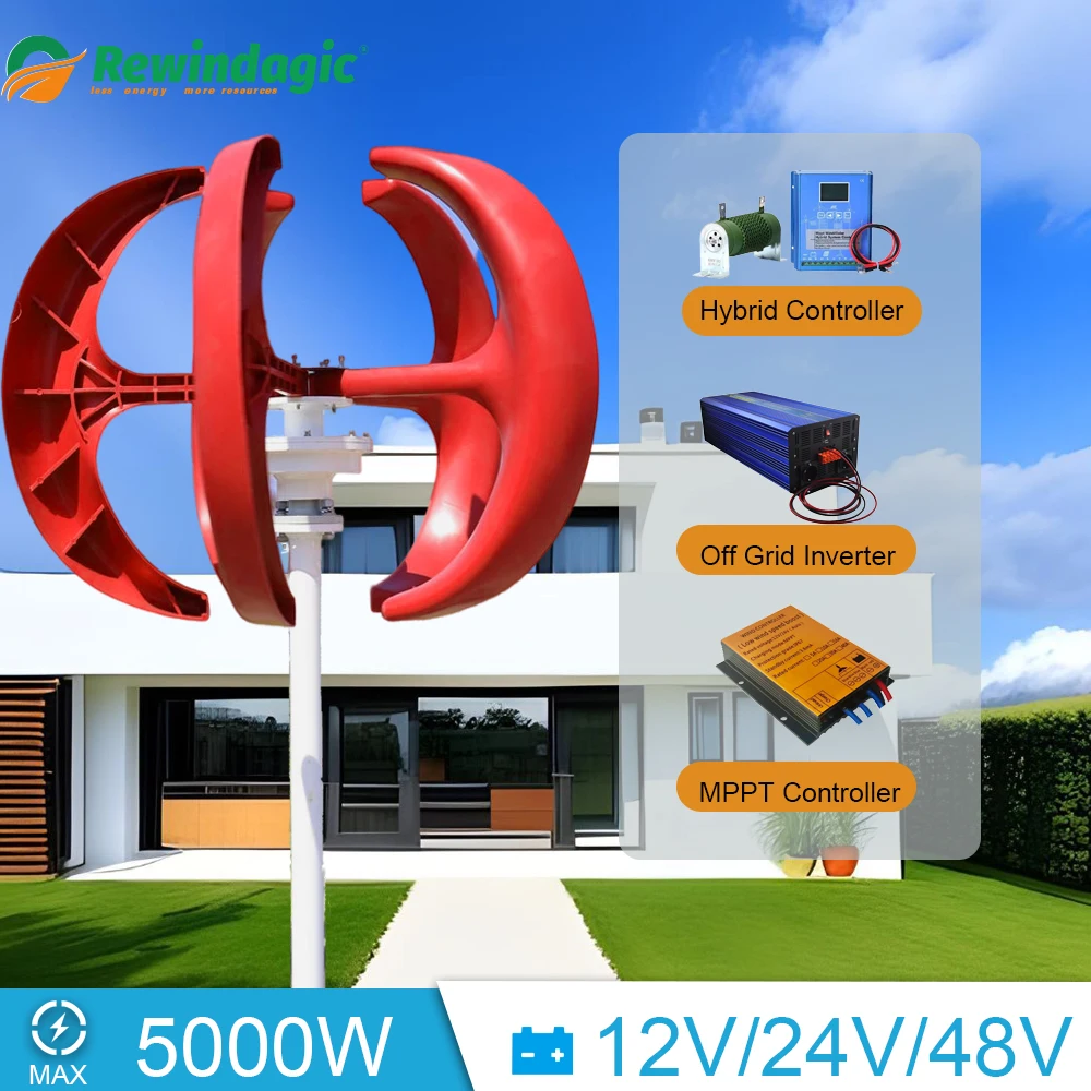 5000W Vertical Axis Wind Turbine 48V 24V12V Alternative Energy Generator 220v AC Output Household Complete Kit