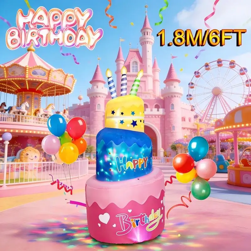 

1.8M/6FT Happy Birthday Inflatable Cake with Candles Birthday Party Inflatable Toys Outdoor Indoor Home Celebration Yard Decor
