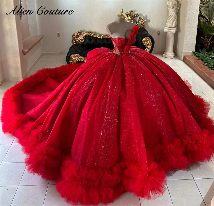 

Luxury Red Princess Quinceanera Dress 2025 Beads Crystals Tiered Ruffles Sequins Ball Gown Vestidos De 15 Años Customized