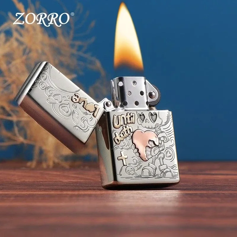Zoro Nuova Intaglio 902 Ottone/Nichel Bianco Amore fino alla Morte Intaglio 3D Antivento Accendino Piccolo Strumento da Uomo Accessori per Fumatori